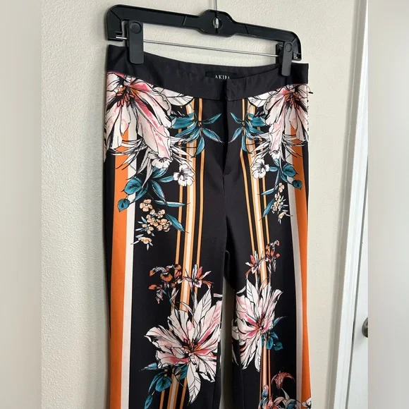 Akira High Waisted Wide Leg Flare Black Floral Striped Palazzo Pants Size M - Picture 4 of 7